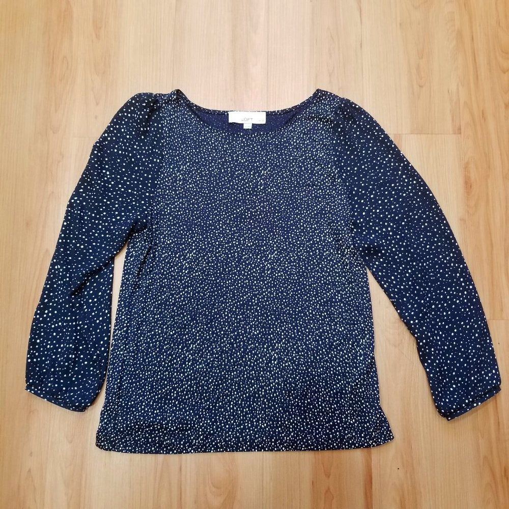Navy Blue Stargazer Mixed Media dotted Long Sleeve Blouse Top L Petite NWT